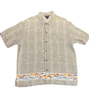 Vintage WOOLRICH Abstract Native Fish Pattern Style Hawaii Shirt size Large